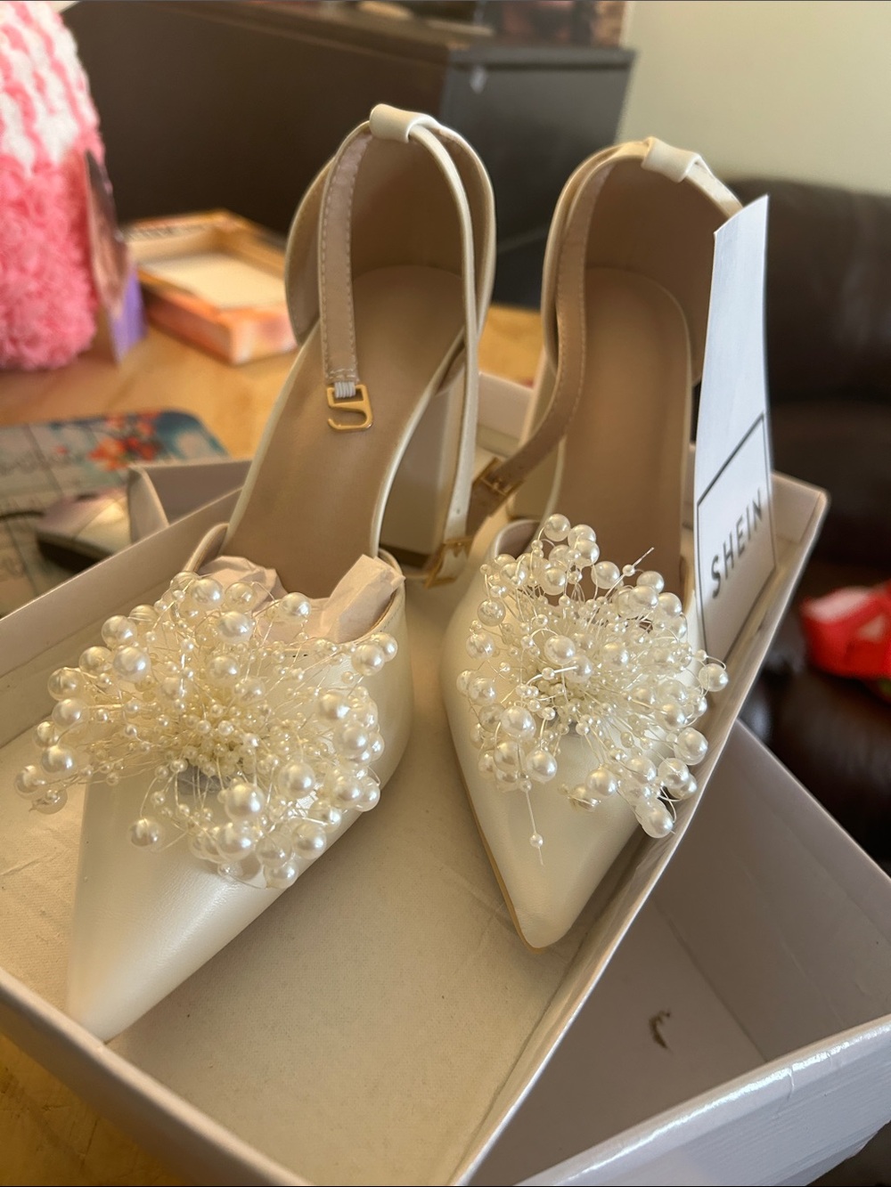 Shein Ivory Pearl Embellished Pointed Slingback Heels